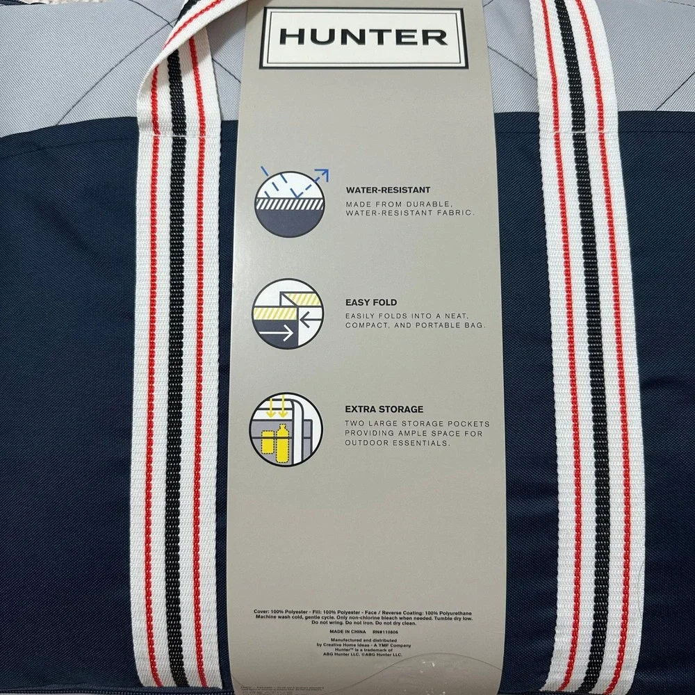 Hunter Water Resistant Outdoor Blanket Navy Grey Quilted Foldable Tote 60x70 NEW
